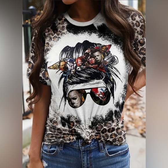 Womens Leopard Graphic Print Halloween Movie Killers Messy Bun Tee XXL - Picture 1 of 10